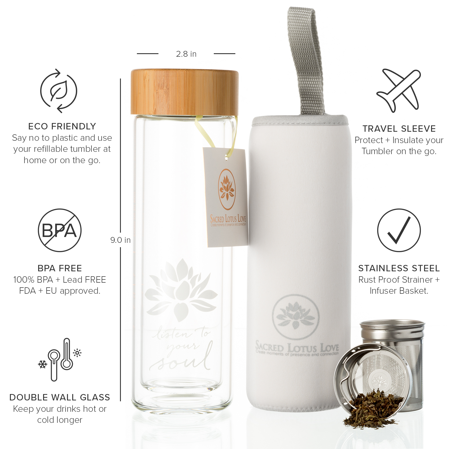 New Glass Tea Tumbler Travel Bottle Strainer & Infuser for Tea Coffee Fruit 