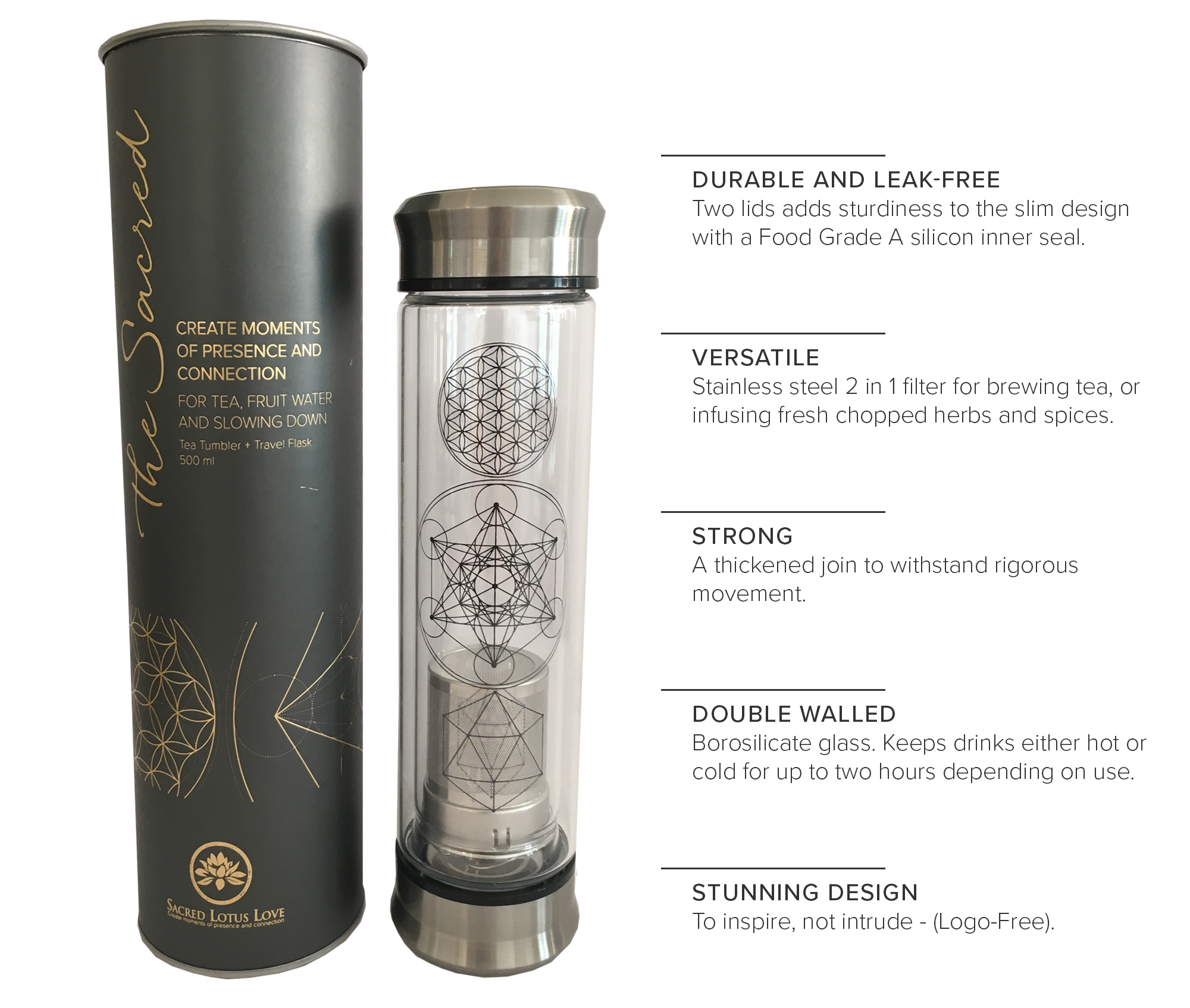 Tea Tumbler Travel Flask with Stainless Steel Strainer Infuser for Tea, Coffee and Fruit Infusions